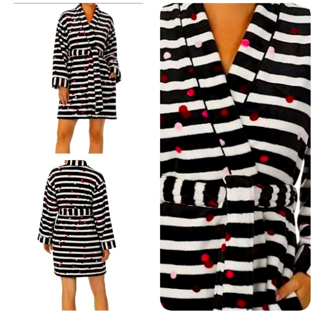 Kate Spade Robe Black White Stripe Pink/Red Dots Pockets Oversized Tie Soft Cute
